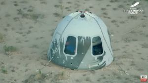 Jeff Bezos and his crew blast into space aboard New Shepard rocket ship. As shown on live on Sky News.